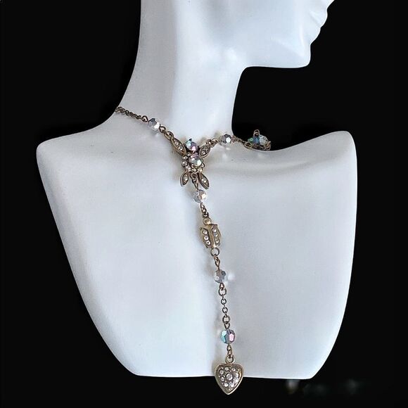Vintage Kirk’s Folly AB Crystal floral heart pendant necklace 14” +2” extension - Picture 8 of 9